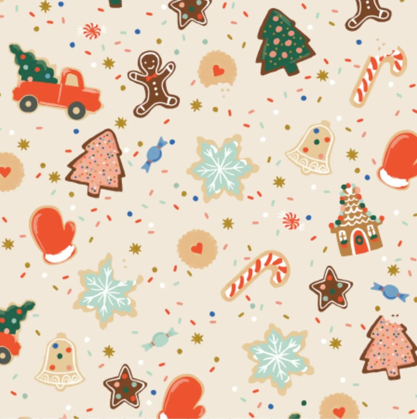 Christmas-themed fabric pattern with cookies, trees, and candy on a cream background.
