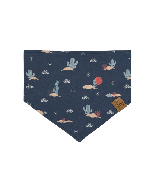 navy blue pet bandana featuring cacti and a desert theme