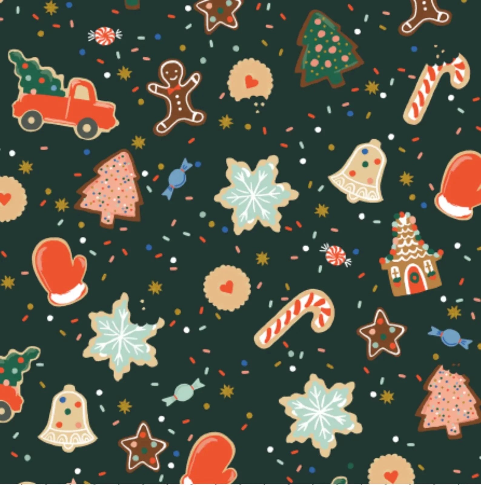 Pattern of Christmas-themed cookies and candies on a dark green background 